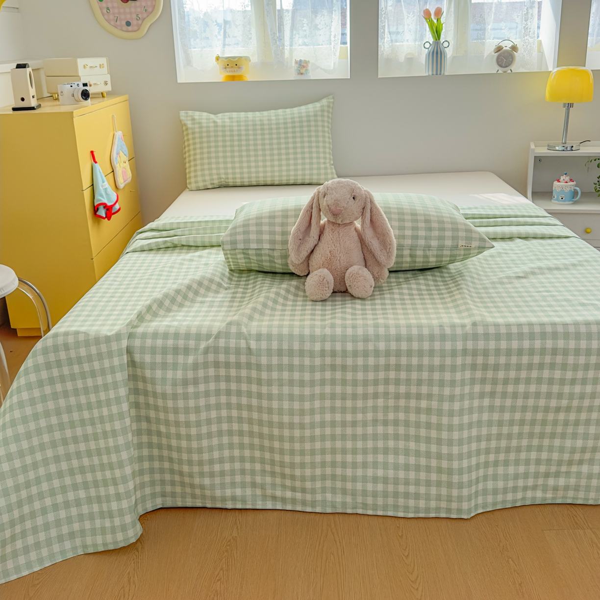 91家纺网 家纺一手货源 找家纺 爱彼家纺 2026新款无印格子分老粗布床单软凉席床单枕套三件套新升级细沙-格子系列一 格子绿