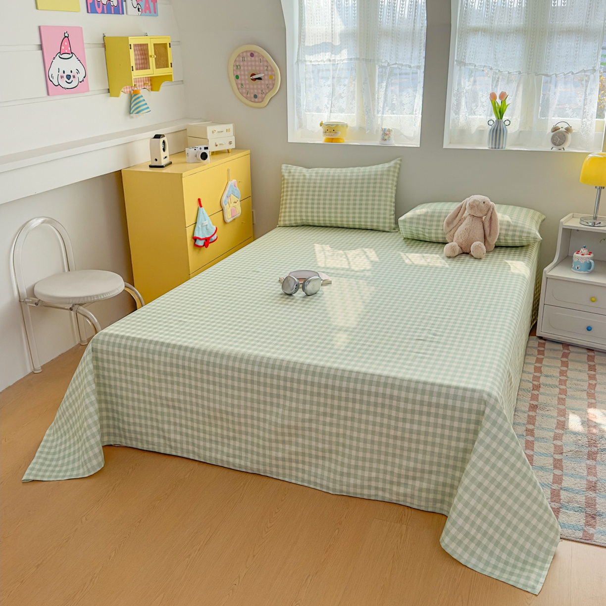 91家纺网 家纺一手货源 找家纺 爱彼家纺 2026新款无印格子分老粗布床单软凉席床单枕套三件套新升级细沙-格子系列一 格子绿