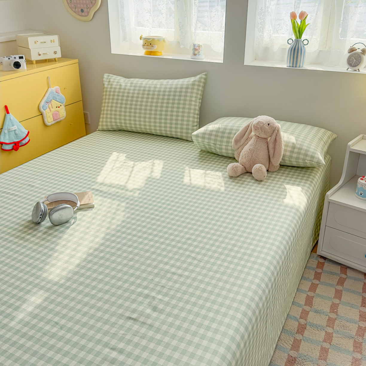 91家纺网 家纺一手货源 找家纺 爱彼家纺 2026新款无印格子分老粗布床单软凉席床单枕套三件套新升级细沙-格子系列一 格子绿