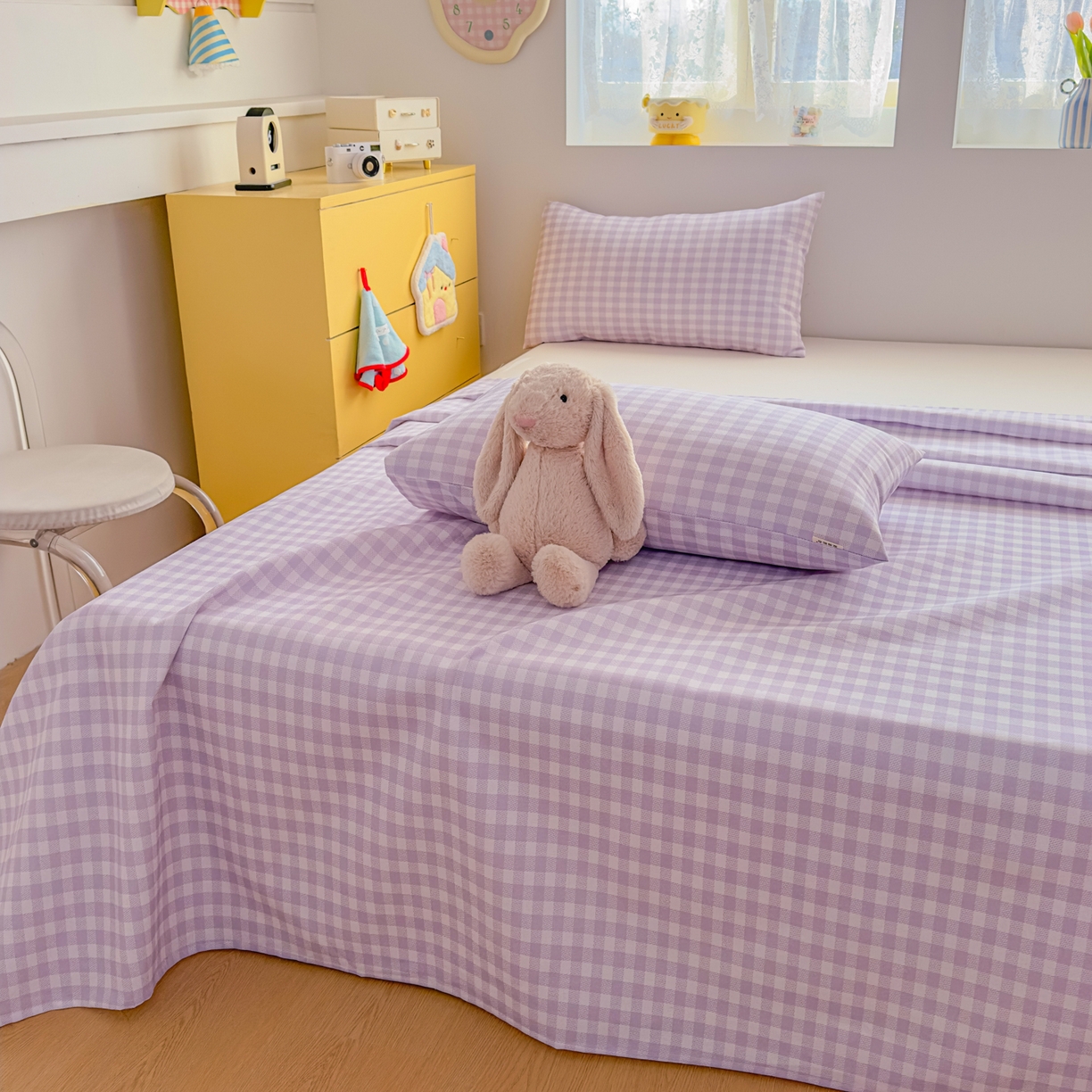 91家纺网 家纺一手货源 找家纺 爱彼家纺 2026新款无印格子分老粗布床单软凉席床单枕套三件套新升级细沙-格子系列一 格子紫