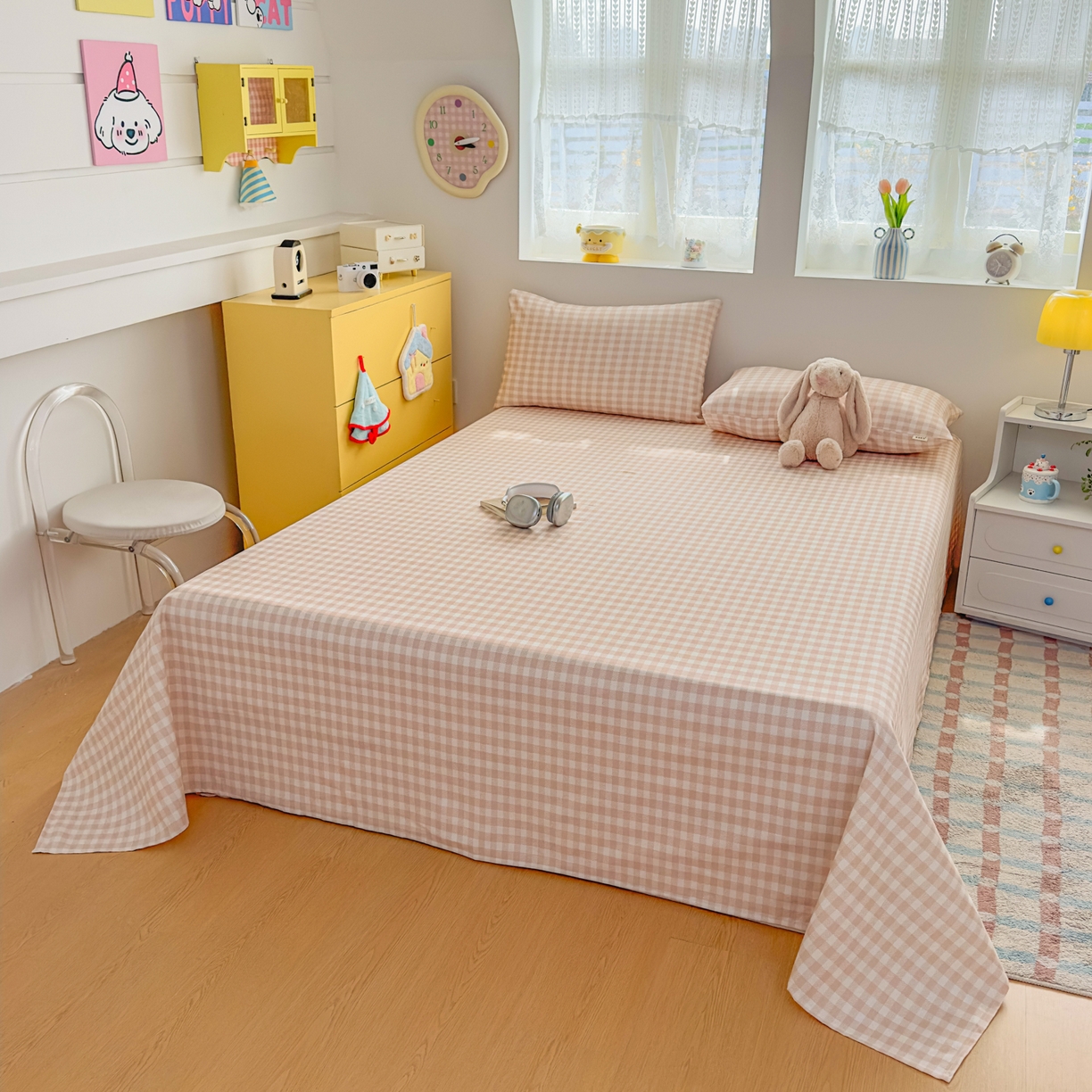 91家纺网 家纺一手货源 找家纺 爱彼家纺 2026新款无印格子分老粗布床单软凉席床单枕套三件套新升级细沙-格子系列一 格子咖