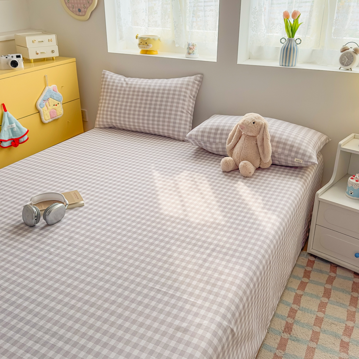 91家纺网 家纺一手货源 找家纺 爱彼家纺 2026新款无印格子分老粗布床单软凉席床单枕套三件套新升级细沙-格子系列一 格子灰