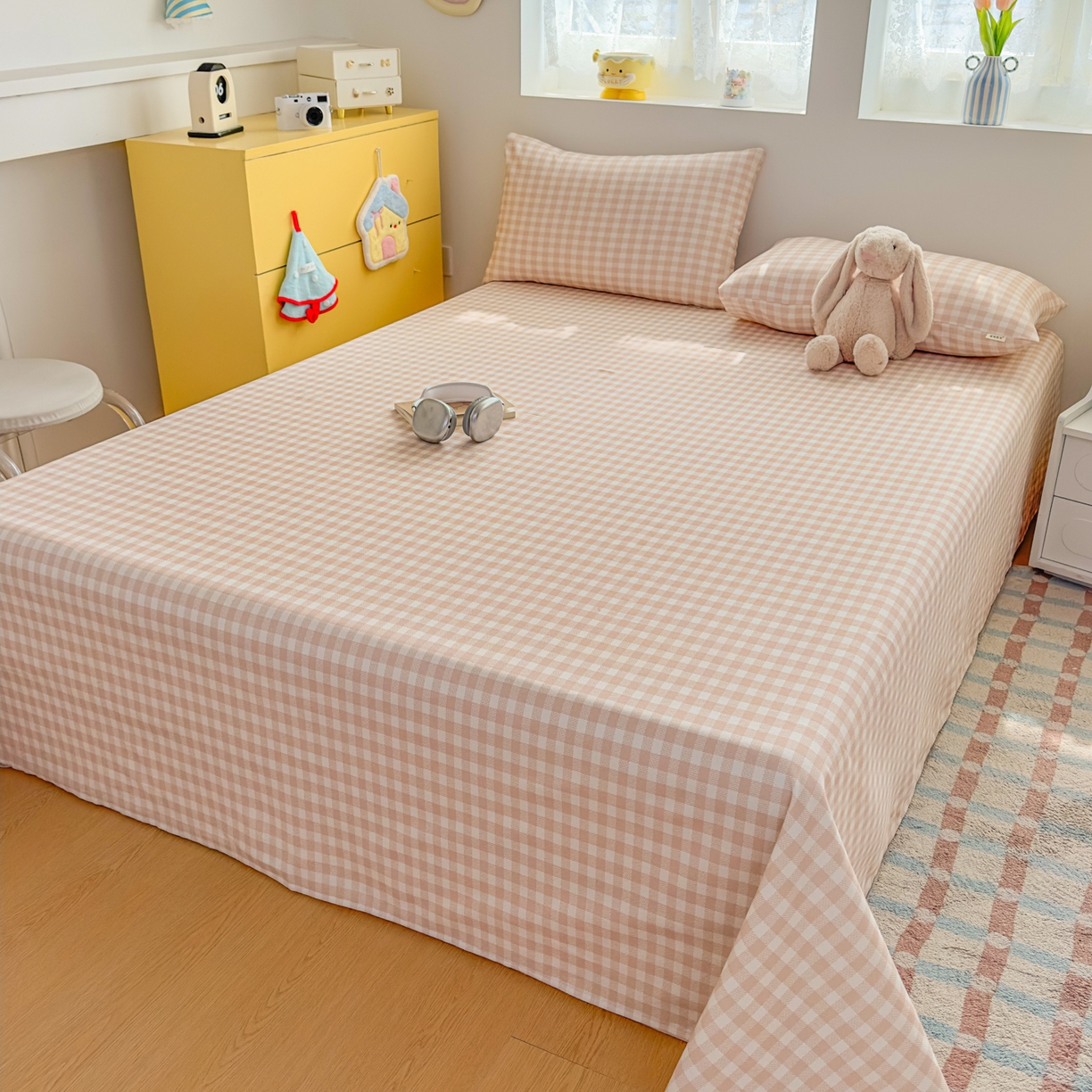 91家纺网 家纺一手货源 找家纺 爱彼家纺 2026新款无印格子分老粗布床单软凉席床单枕套三件套新升级细沙-格子系列一 格子咖