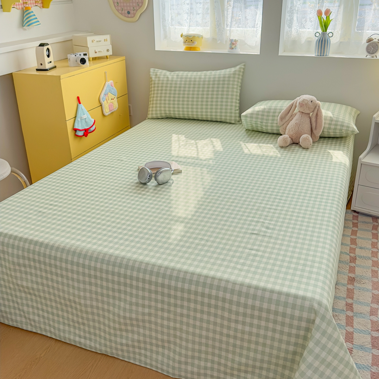 91家纺网 家纺一手货源 找家纺 爱彼家纺 2026新款无印格子分老粗布床单软凉席床单枕套三件套新升级细沙-格子系列一 格子绿