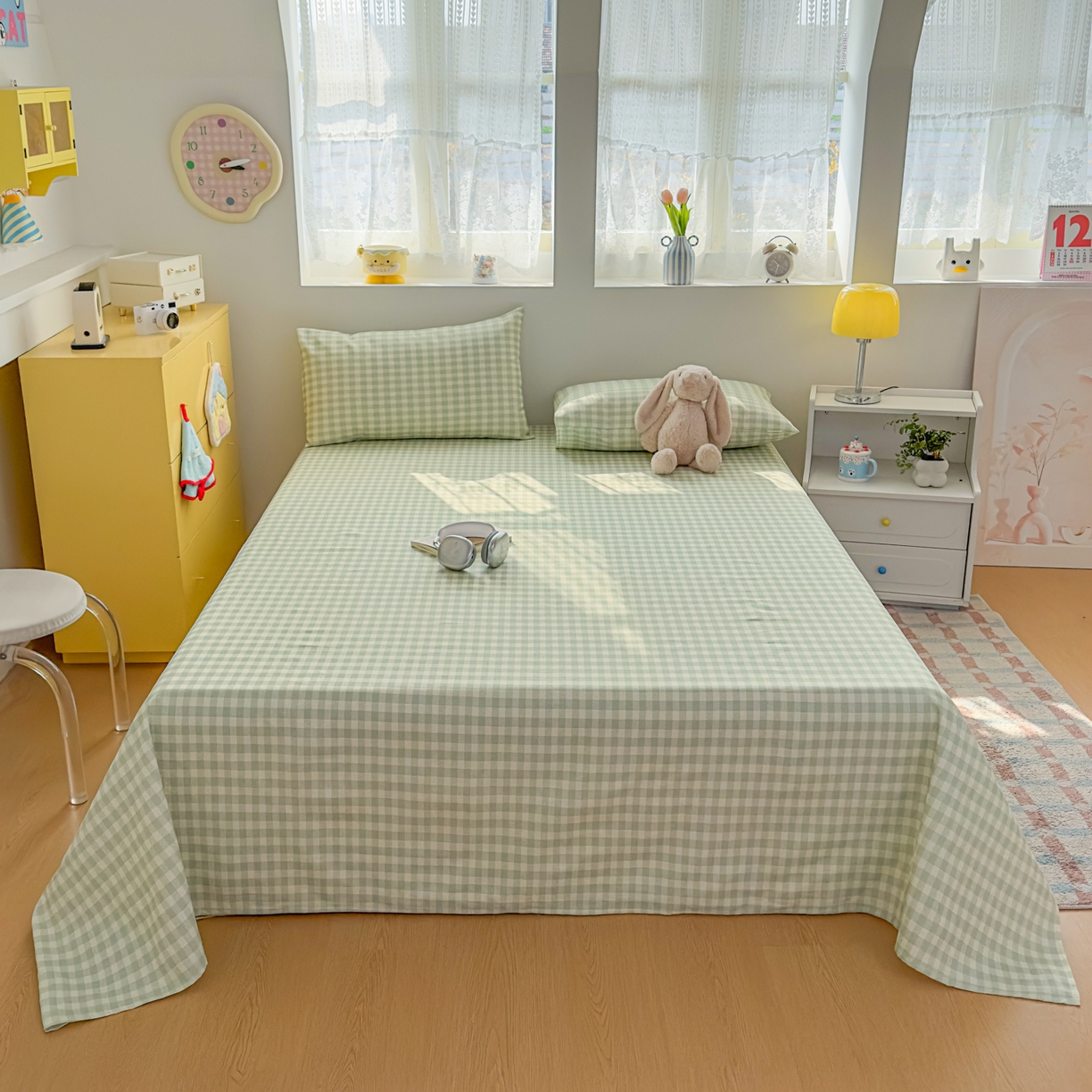 91家纺网 家纺一手货源 找家纺 爱彼家纺 2026新款无印格子分老粗布床单软凉席床单枕套三件套新升级细沙-格子系列一 格子绿