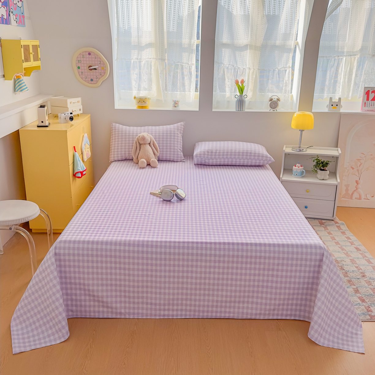 91家纺网 家纺一手货源 找家纺 爱彼家纺 2026新款无印格子分老粗布床单软凉席床单枕套三件套新升级细沙-格子系列一 格子紫