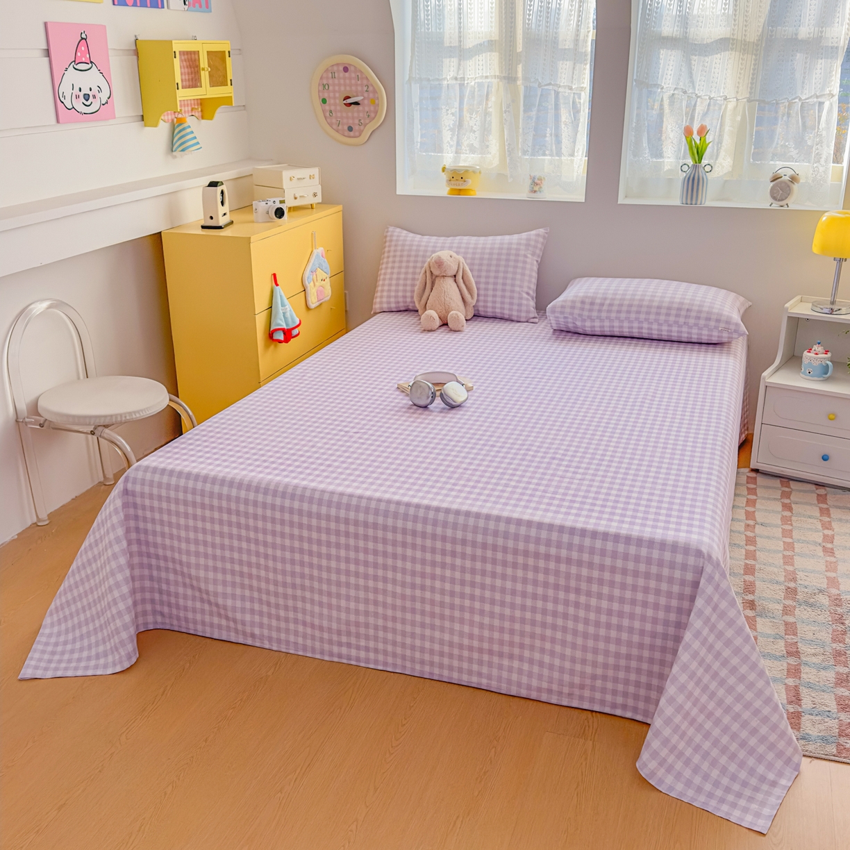 91家纺网 家纺一手货源 找家纺 爱彼家纺 2026新款无印格子分老粗布床单软凉席床单枕套三件套新升级细沙-格子系列一 格子紫