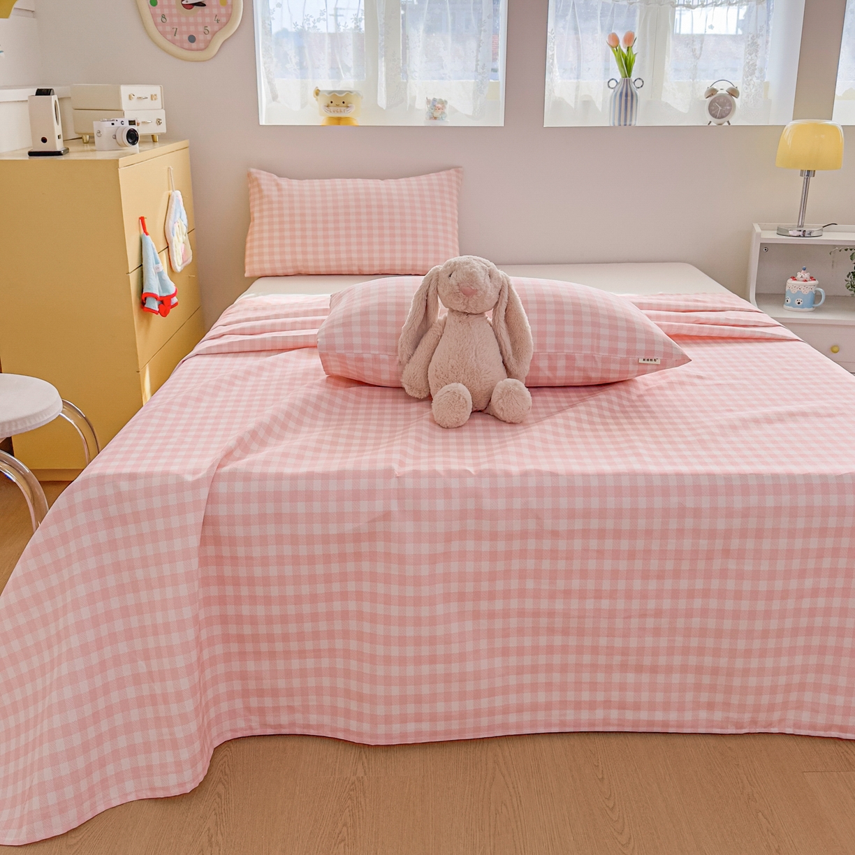 91家纺网 家纺一手货源 找家纺 爱彼家纺 2026新款无印格子分老粗布床单软凉席床单枕套三件套新升级细沙-格子系列一 格子粉