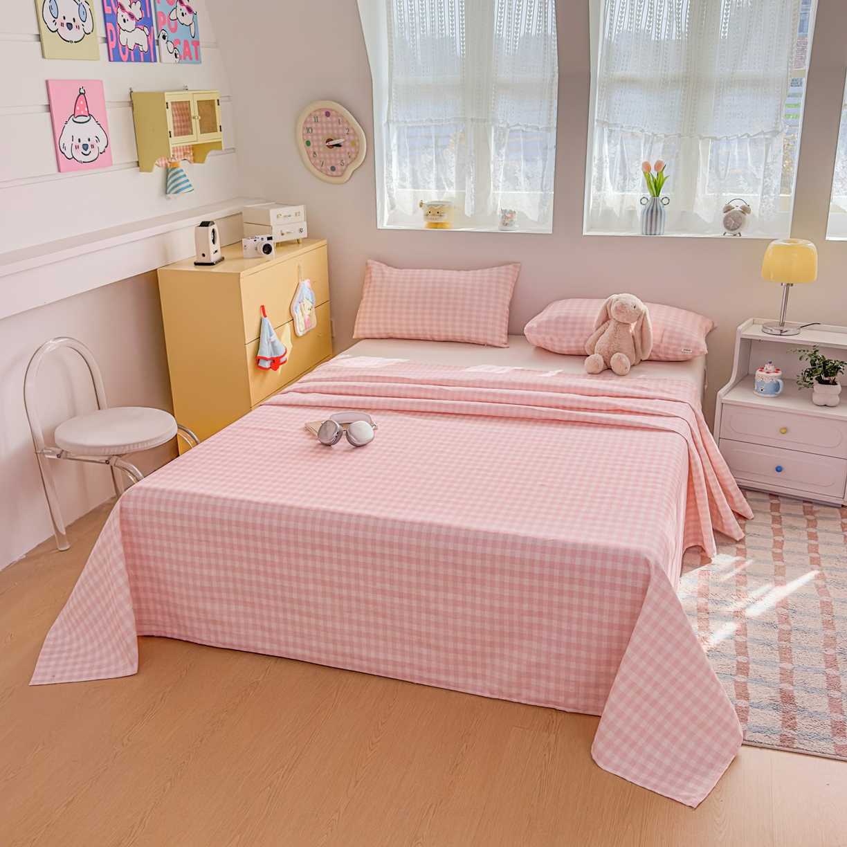 91家纺网 家纺一手货源 找家纺 爱彼家纺 2026新款无印格子分老粗布床单软凉席床单枕套三件套新升级细沙-格子系列一 格子粉