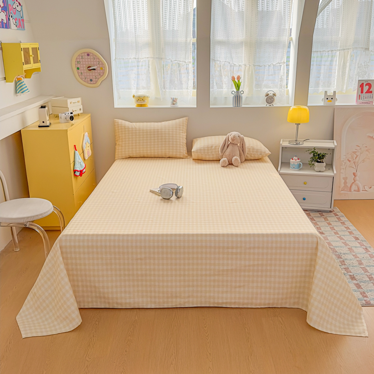 91家纺网 家纺一手货源 找家纺 爱彼家纺 2026新款无印格子分老粗布床单软凉席床单枕套三件套新升级细沙-格子系列一 格子黄