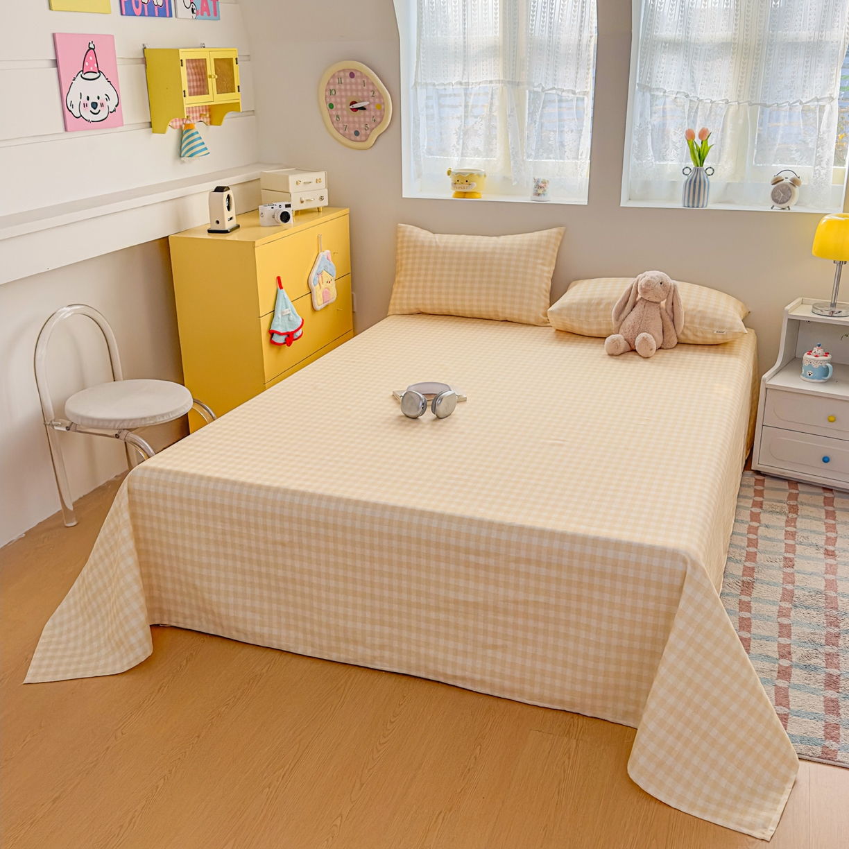 91家纺网 家纺一手货源 找家纺 爱彼家纺 2026新款无印格子分老粗布床单软凉席床单枕套三件套新升级细沙-格子系列一 格子黄