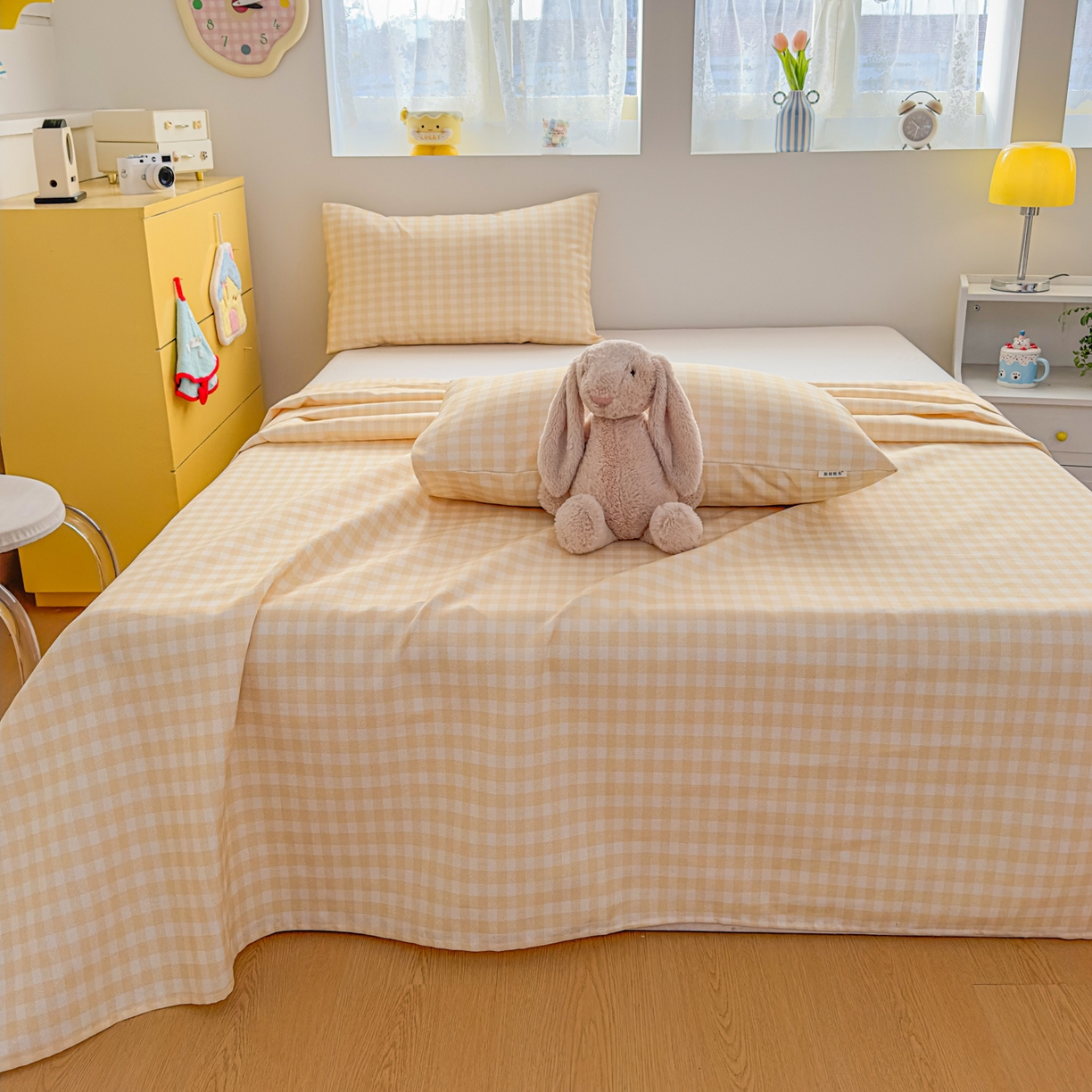 91家纺网 家纺一手货源 找家纺 爱彼家纺 2026新款无印格子分老粗布床单软凉席床单枕套三件套新升级细沙-格子系列一 格子黄