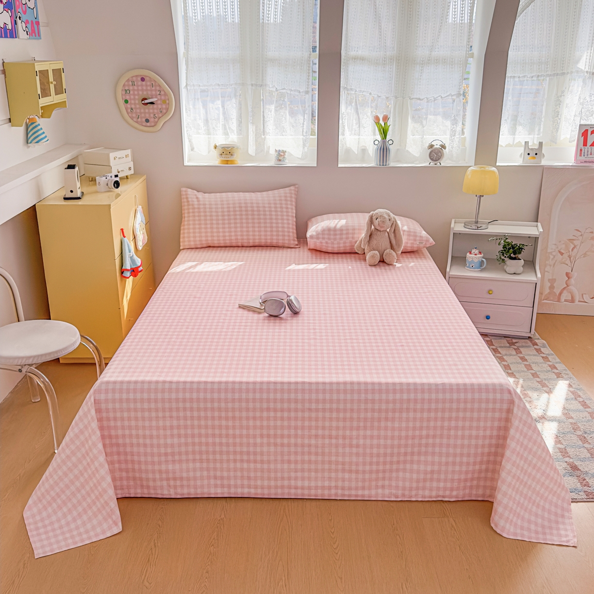 91家纺网 家纺一手货源 找家纺 爱彼家纺 2026新款无印格子分老粗布床单软凉席床单枕套三件套新升级细沙-格子系列一 格子粉