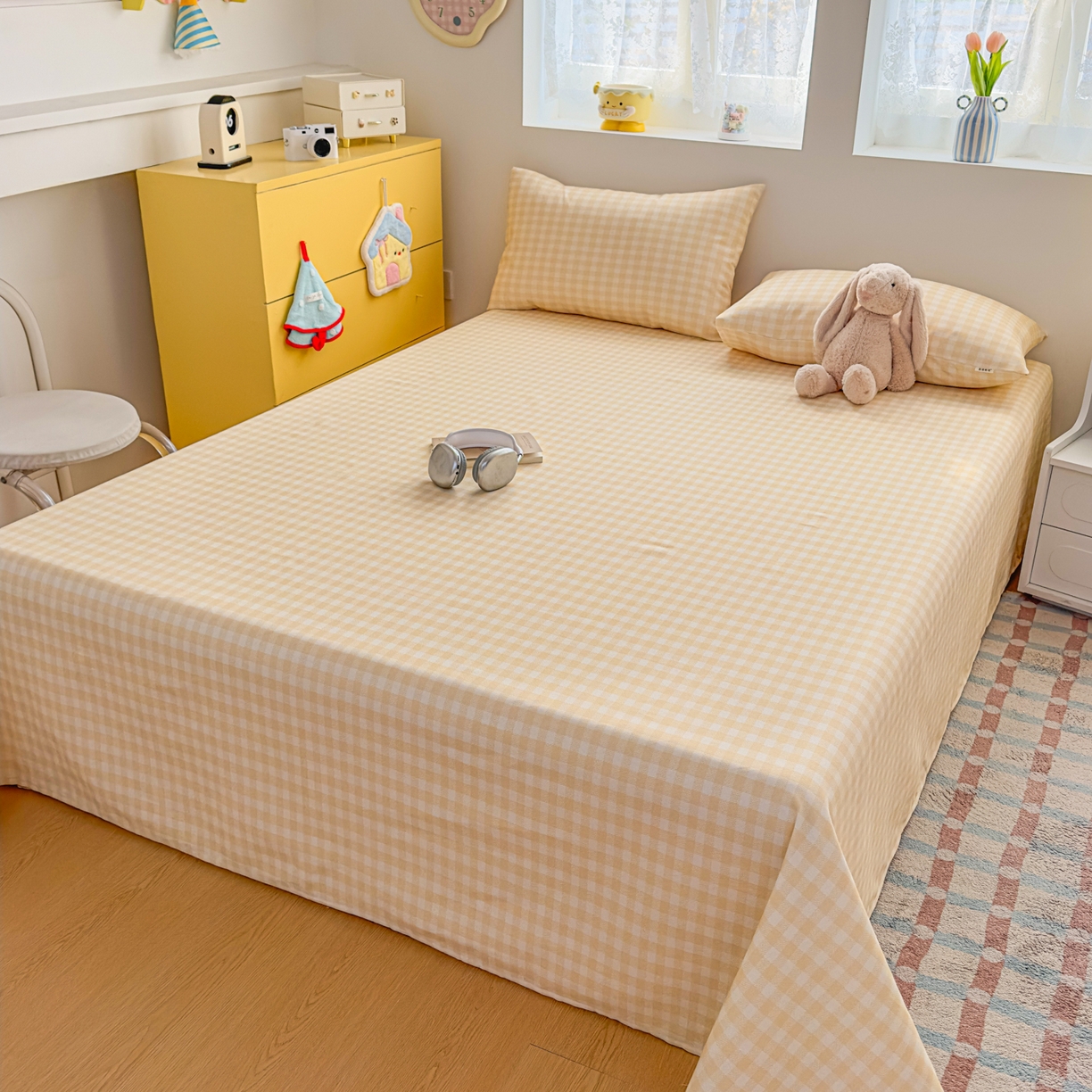 91家纺网 家纺一手货源 找家纺 爱彼家纺 2026新款无印格子分老粗布床单软凉席床单枕套三件套新升级细沙-格子系列一 格子黄