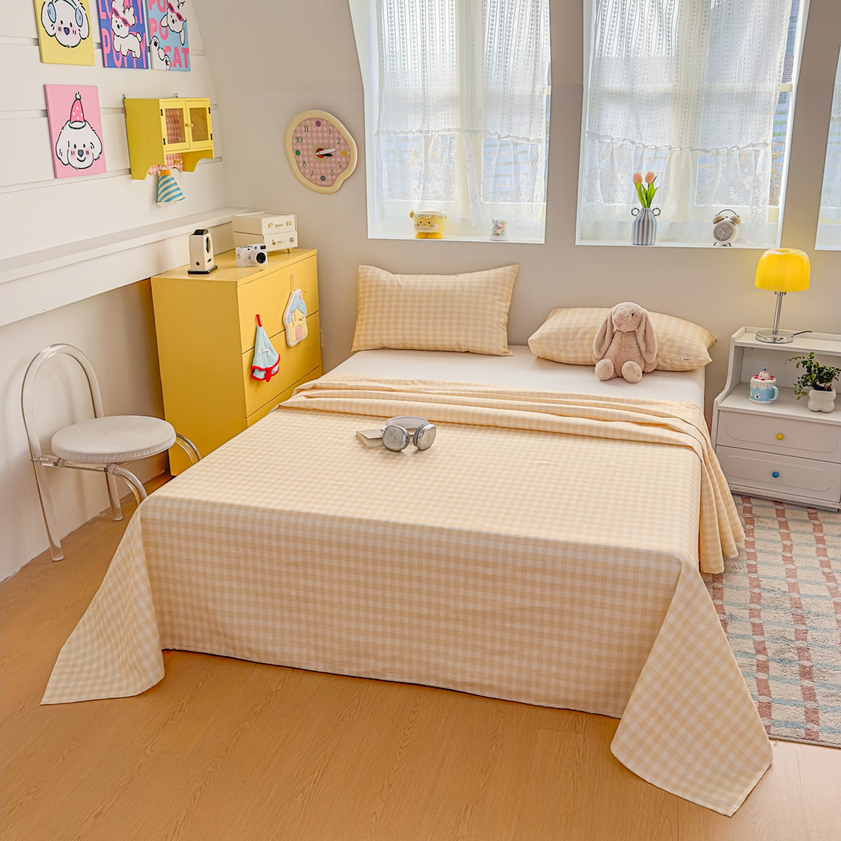 91家纺网 家纺一手货源 找家纺 爱彼家纺 2026新款无印格子分老粗布床单软凉席床单枕套三件套新升级细沙-格子系列一 格子黄