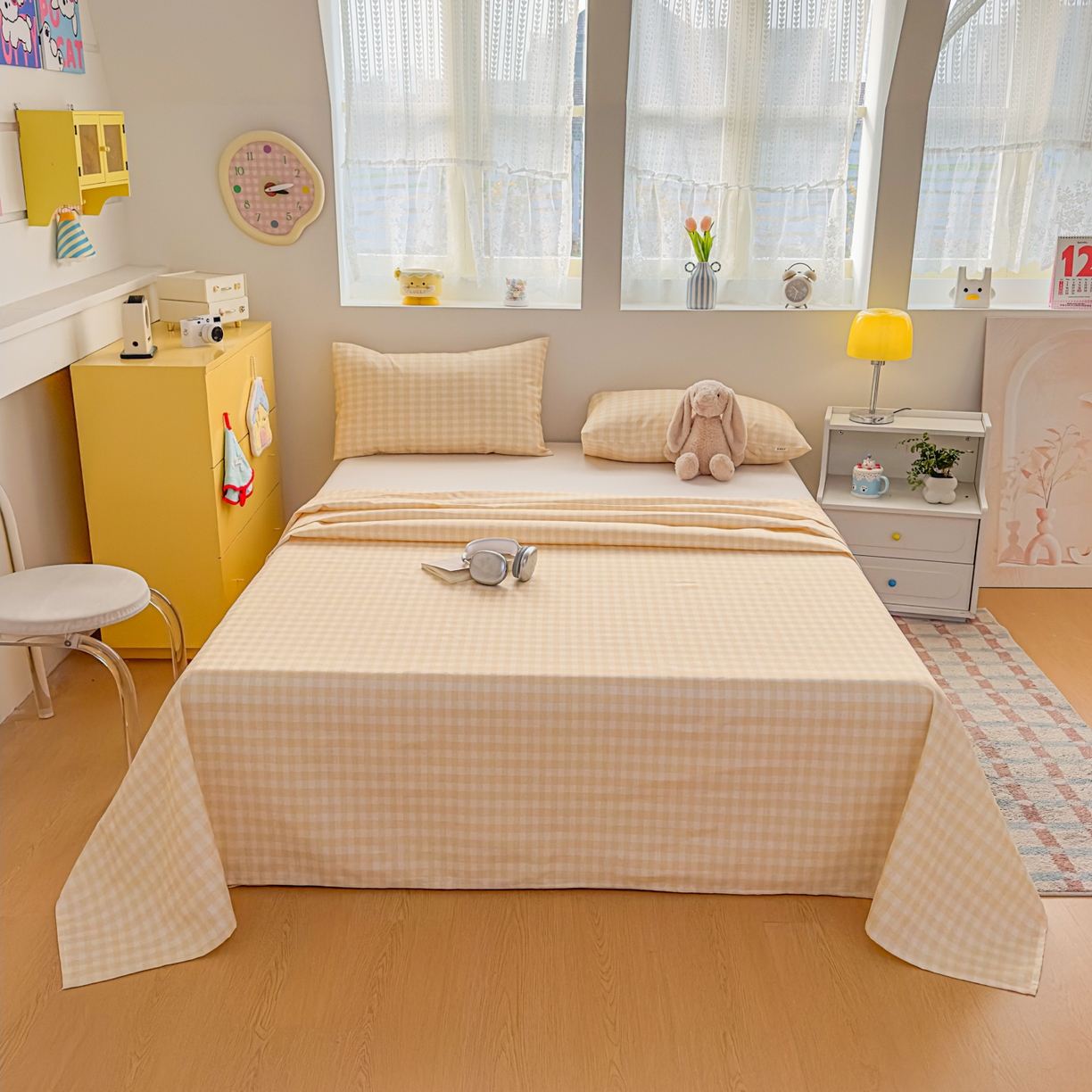 91家纺网 家纺一手货源 找家纺 爱彼家纺 2026新款无印格子分老粗布床单软凉席床单枕套三件套新升级细沙-格子系列一 格子黄