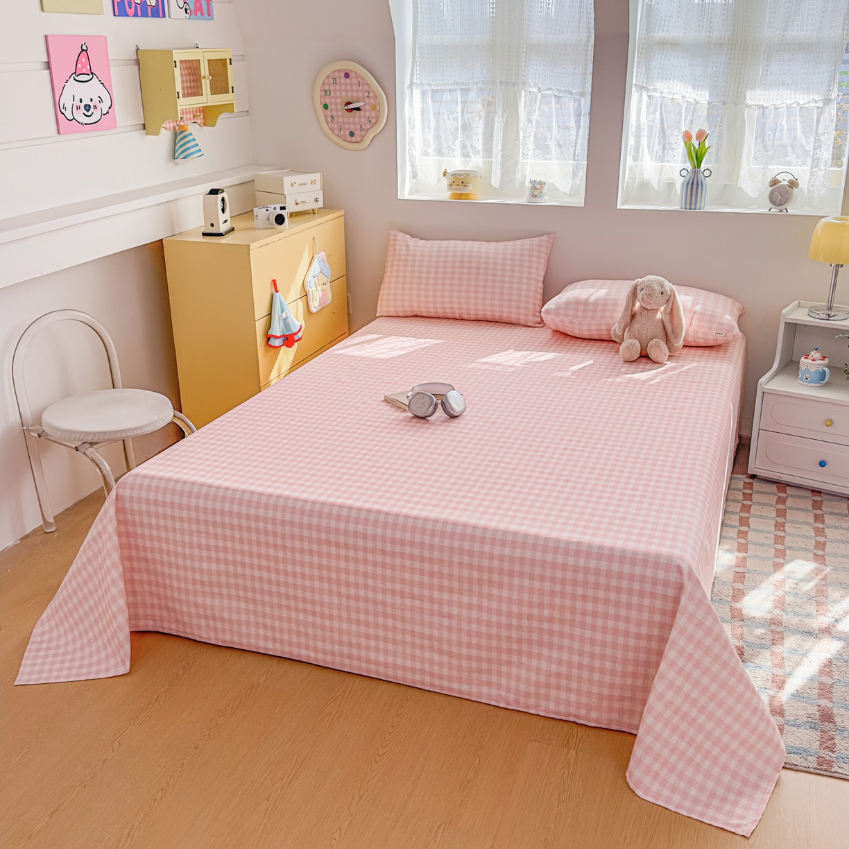 91家纺网 家纺一手货源 找家纺 爱彼家纺 2026新款无印格子分老粗布床单软凉席床单枕套三件套新升级细沙-格子系列一 格子粉