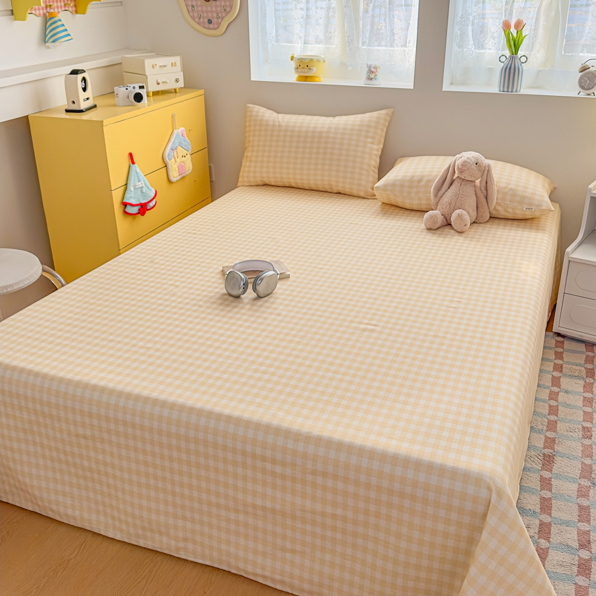 91家纺网 家纺一手货源 找家纺 爱彼家纺 2026新款无印格子分老粗布床单软凉席床单枕套三件套新升级细沙-格子系列一 格子黄