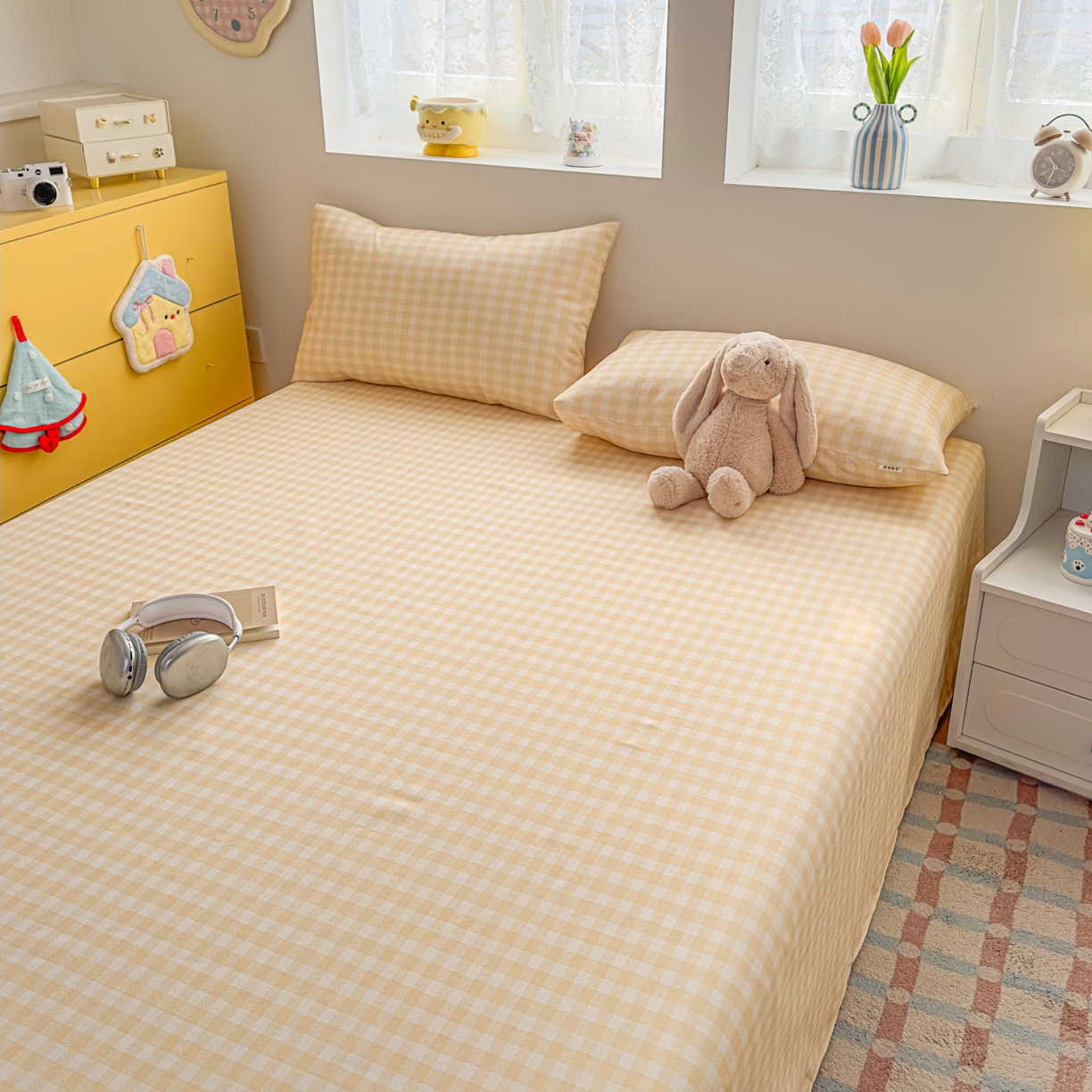 91家纺网 家纺一手货源 找家纺 爱彼家纺 2026新款无印格子分老粗布床单软凉席床单枕套三件套新升级细沙-格子系列一 格子黄