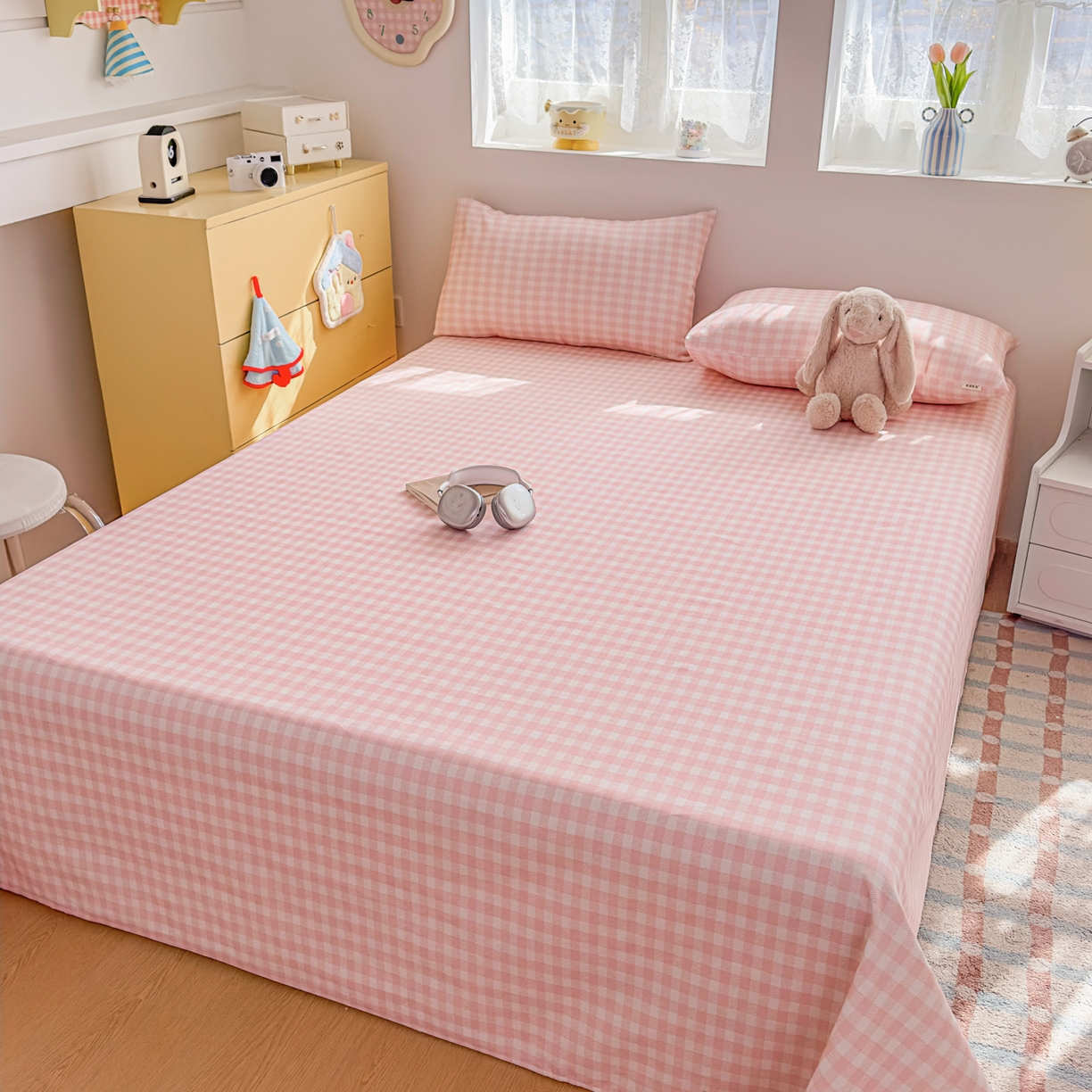 91家纺网 家纺一手货源 找家纺 爱彼家纺 2026新款无印格子分老粗布床单软凉席床单枕套三件套新升级细沙-格子系列一 格子粉