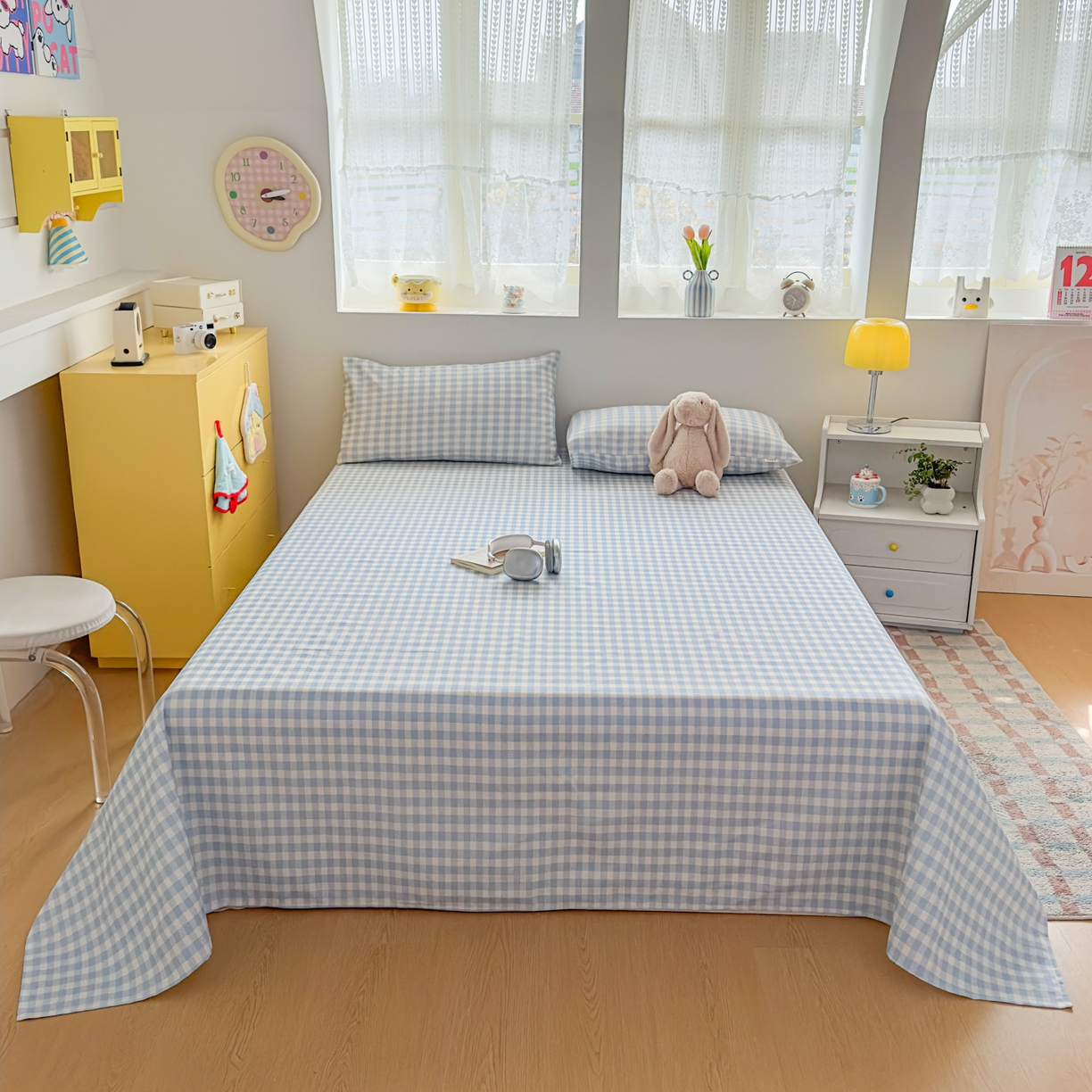 91家纺网 家纺一手货源 找家纺 爱彼家纺 2026新款无印格子分老粗布床单软凉席床单枕套三件套新升级细沙-格子系列一 格子蓝