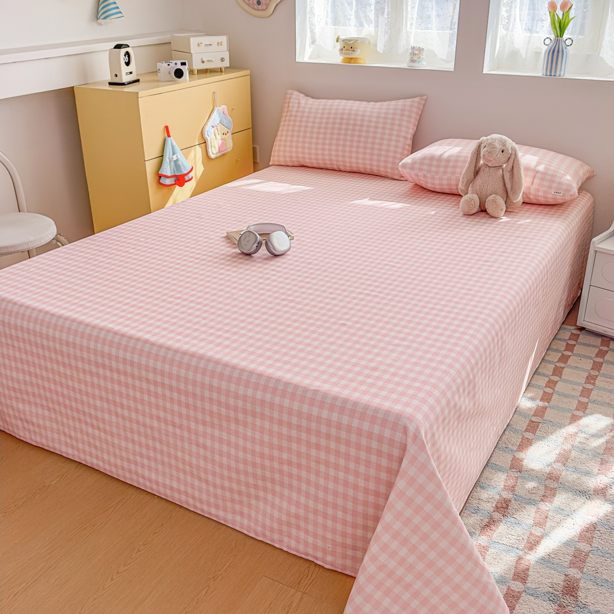 91家纺网 家纺一手货源 找家纺 爱彼家纺 2026新款无印格子分老粗布床单软凉席床单枕套三件套新升级细沙-格子系列一 格子粉