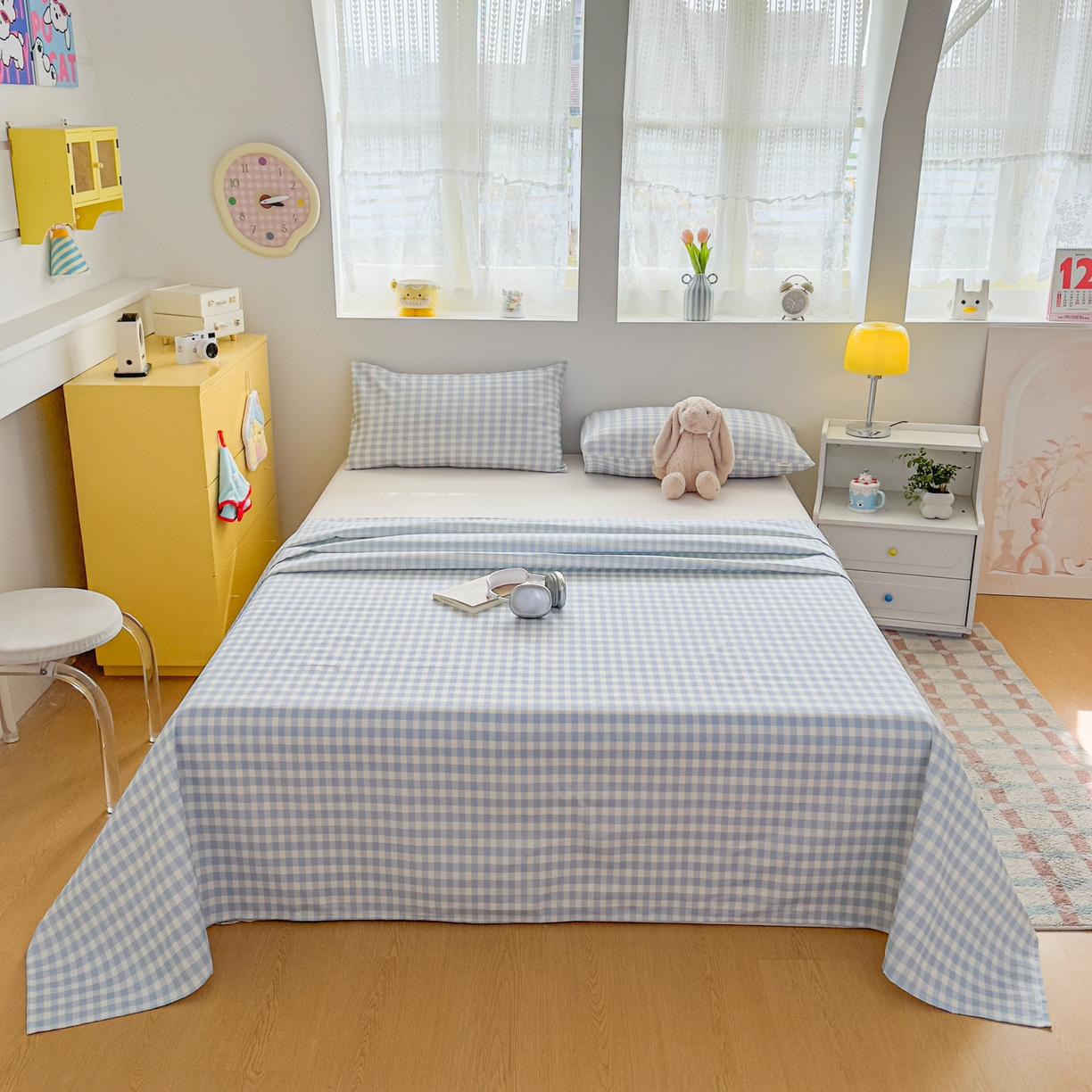 91家纺网 家纺一手货源 找家纺 爱彼家纺 2026新款无印格子分老粗布床单软凉席床单枕套三件套新升级细沙-格子系列一 格子蓝