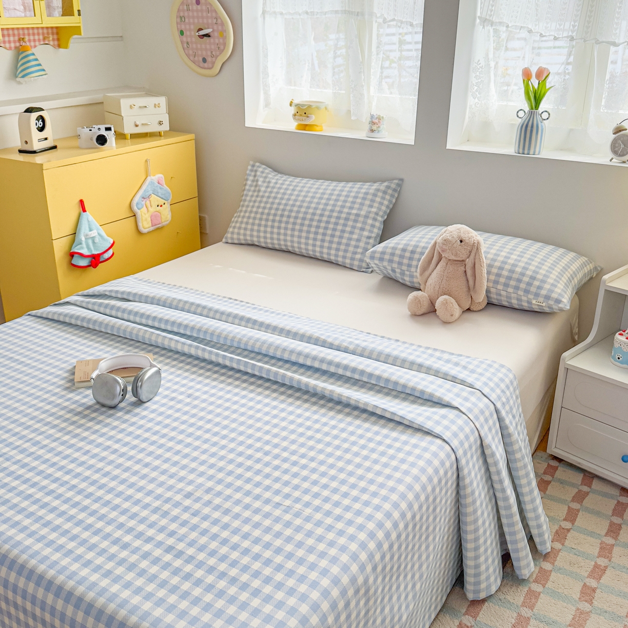 91家纺网 家纺一手货源 找家纺 爱彼家纺 2026新款无印格子分老粗布床单软凉席床单枕套三件套新升级细沙-格子系列一 格子蓝