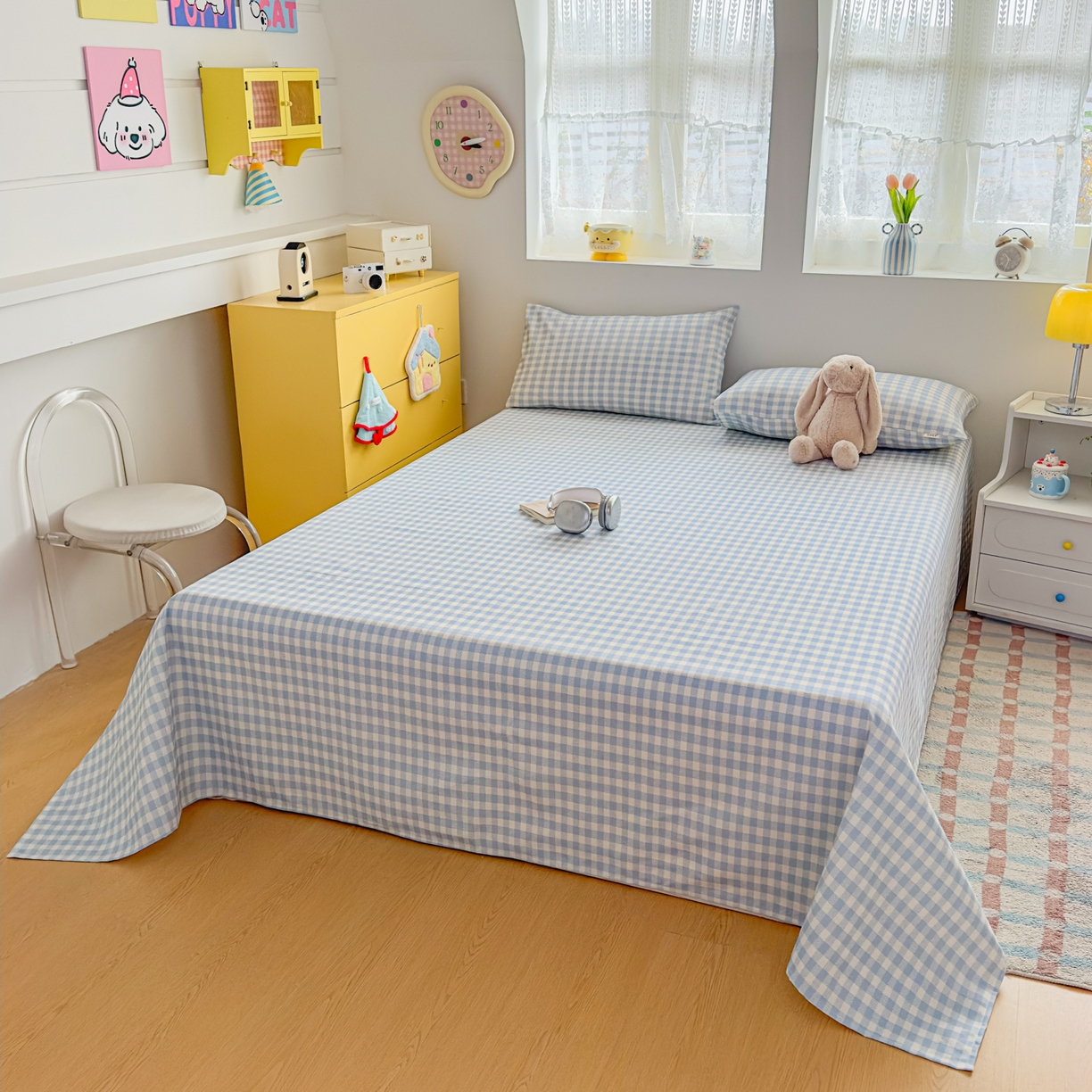 91家纺网 家纺一手货源 找家纺 爱彼家纺 2026新款无印格子分老粗布床单软凉席床单枕套三件套新升级细沙-格子系列一 格子蓝