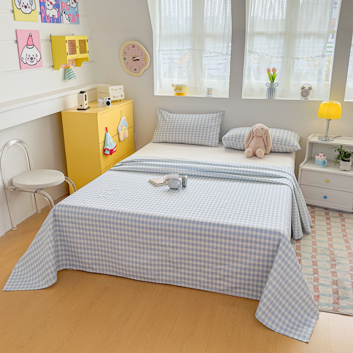 91家纺网 家纺一手货源 找家纺 爱彼家纺 2026新款无印格子分老粗布床单软凉席床单枕套三件套新升级细沙-格子系列一 格子蓝