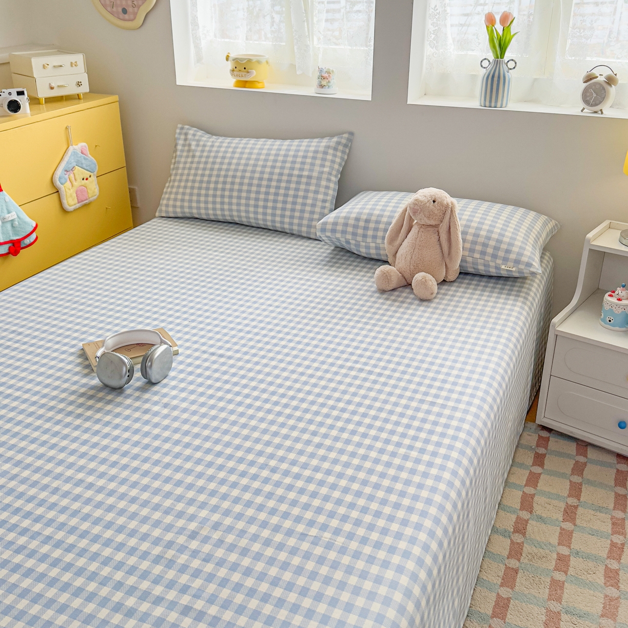 91家纺网 家纺一手货源 找家纺 爱彼家纺 2026新款无印格子分老粗布床单软凉席床单枕套三件套新升级细沙-格子系列一 格子蓝