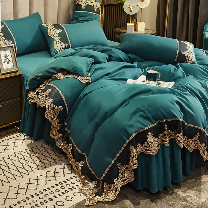 91家纺网 家纺一手货源 找家纺 沐珩家纺 2026新款轻奢典藏艺术亲肤磨毛欧式花边床裙款四件套—莫娜 莫娜-孔雀绿