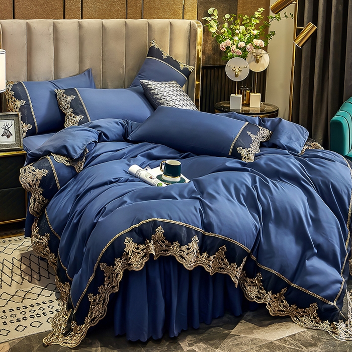 91家纺网 家纺一手货源 找家纺 沐珩家纺 2026新款轻奢典藏艺术亲肤磨毛欧式花边床裙款四件套—莫娜 莫娜-梦之蓝