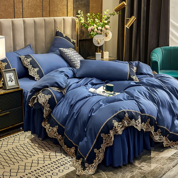 91家纺网 家纺一手货源 找家纺 沐珩家纺 2026新款轻奢典藏艺术亲肤磨毛欧式花边床裙款四件套—莫娜 莫娜-梦之蓝