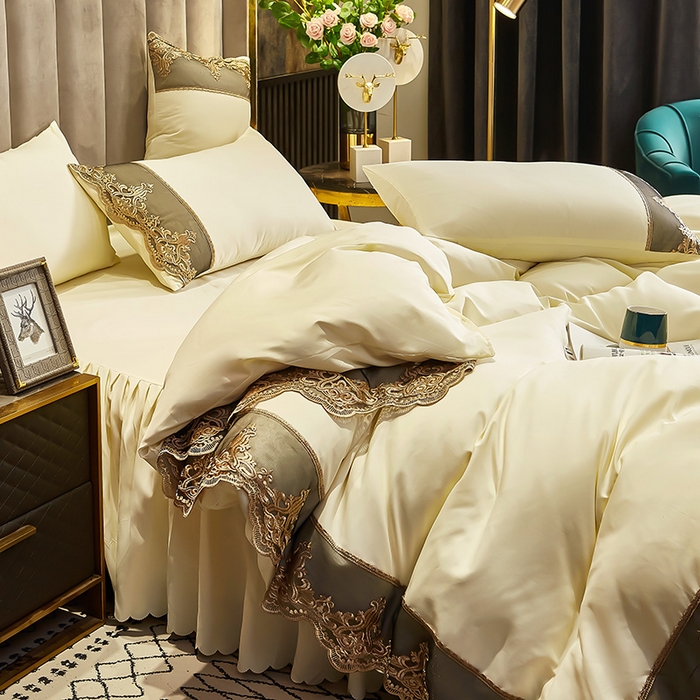 91家纺网 家纺一手货源 找家纺 沐珩家纺 2026新款轻奢典藏艺术亲肤磨毛欧式花边床裙款四件套—莫娜 莫娜-象牙白