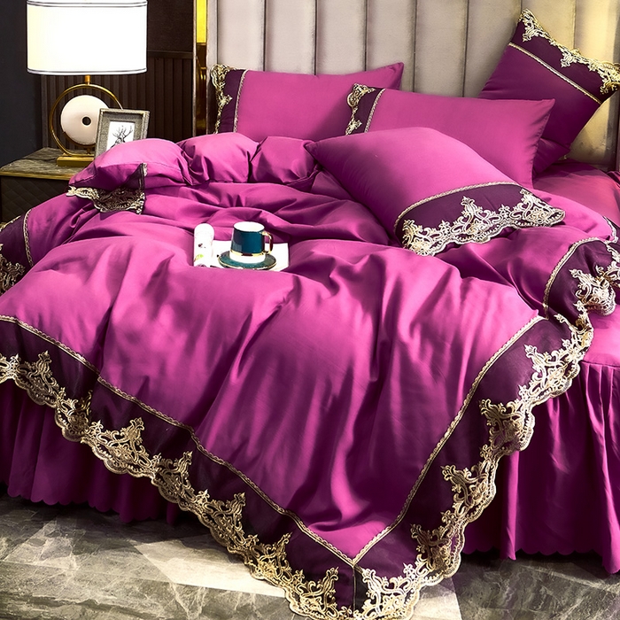 91家纺网 家纺一手货源 找家纺 沐珩家纺 2026新款轻奢典藏艺术亲肤磨毛欧式花边床裙款四件套—莫娜 莫娜-烟薰紫