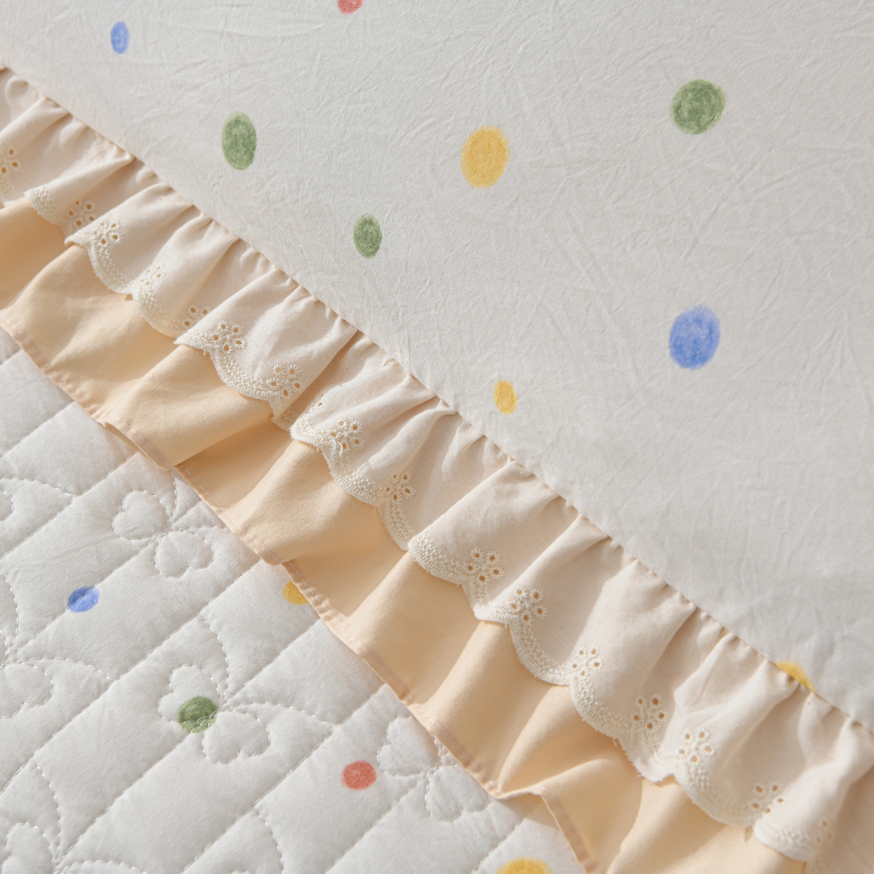 91家纺网 家纺一手货源 找家纺 金梦家居 2026新款水洗棉床盖被套四件套 彩色波点