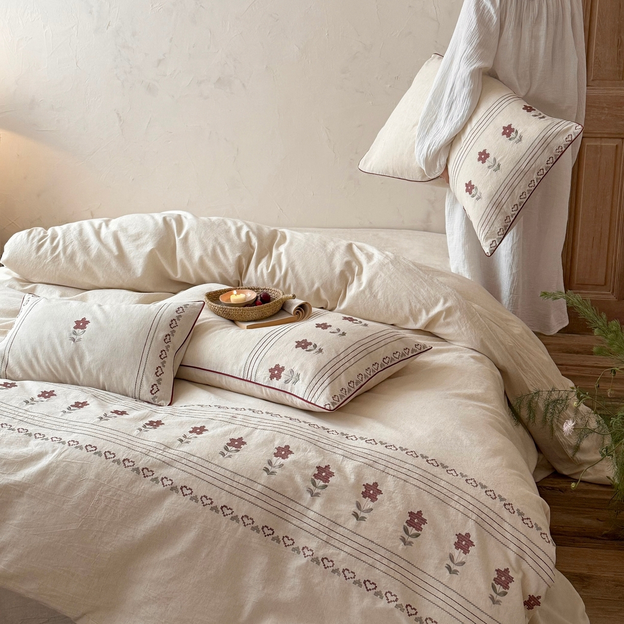 （总）鹿班家居 2026春季新品色织棉麻精密刺绣四件套-花询见山（标准会员-20元)