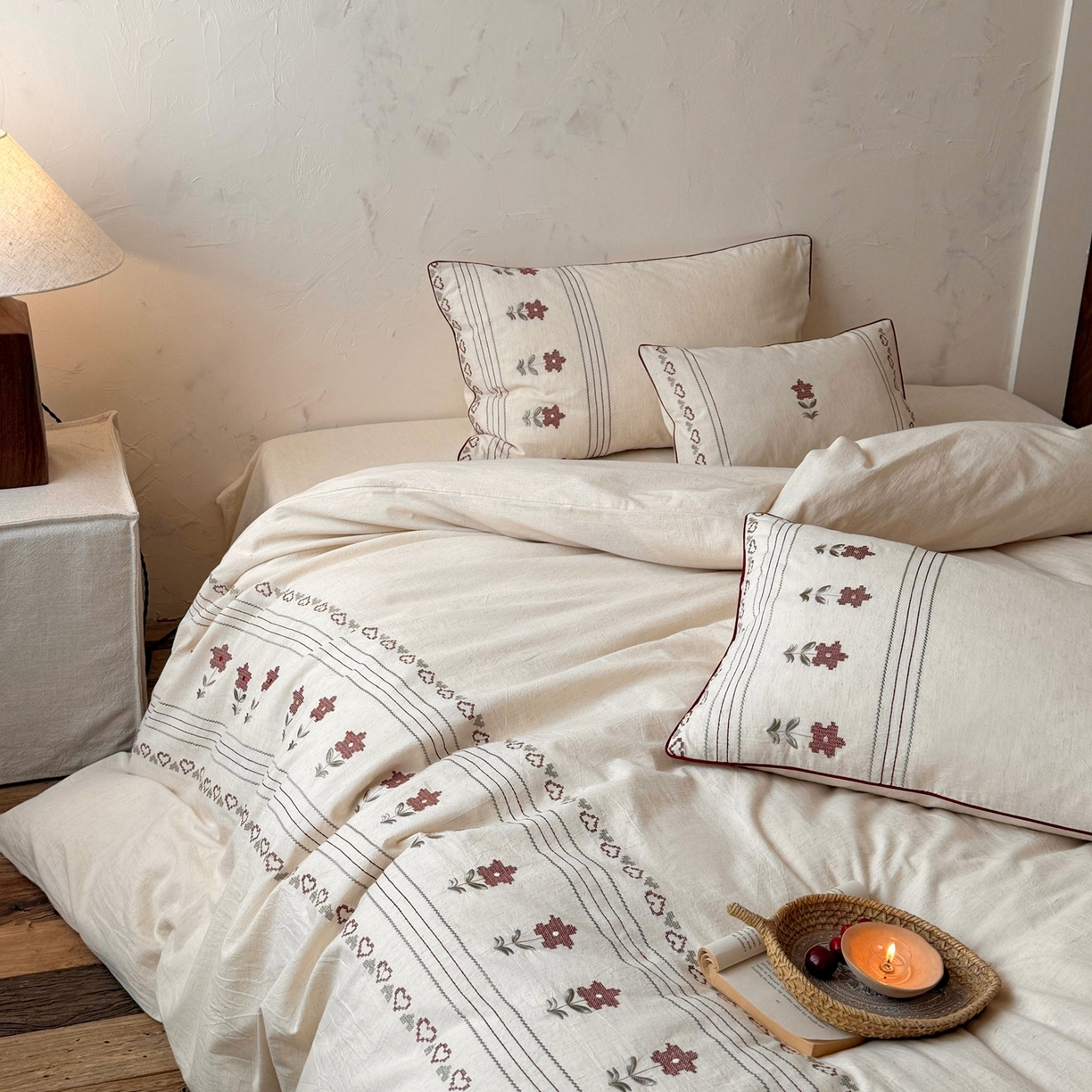 91家纺网 家纺一手货源 找家纺 （总）鹿班家居 2026春季新品色织棉麻精密刺绣四件套-花询见山（标准会员-20元)