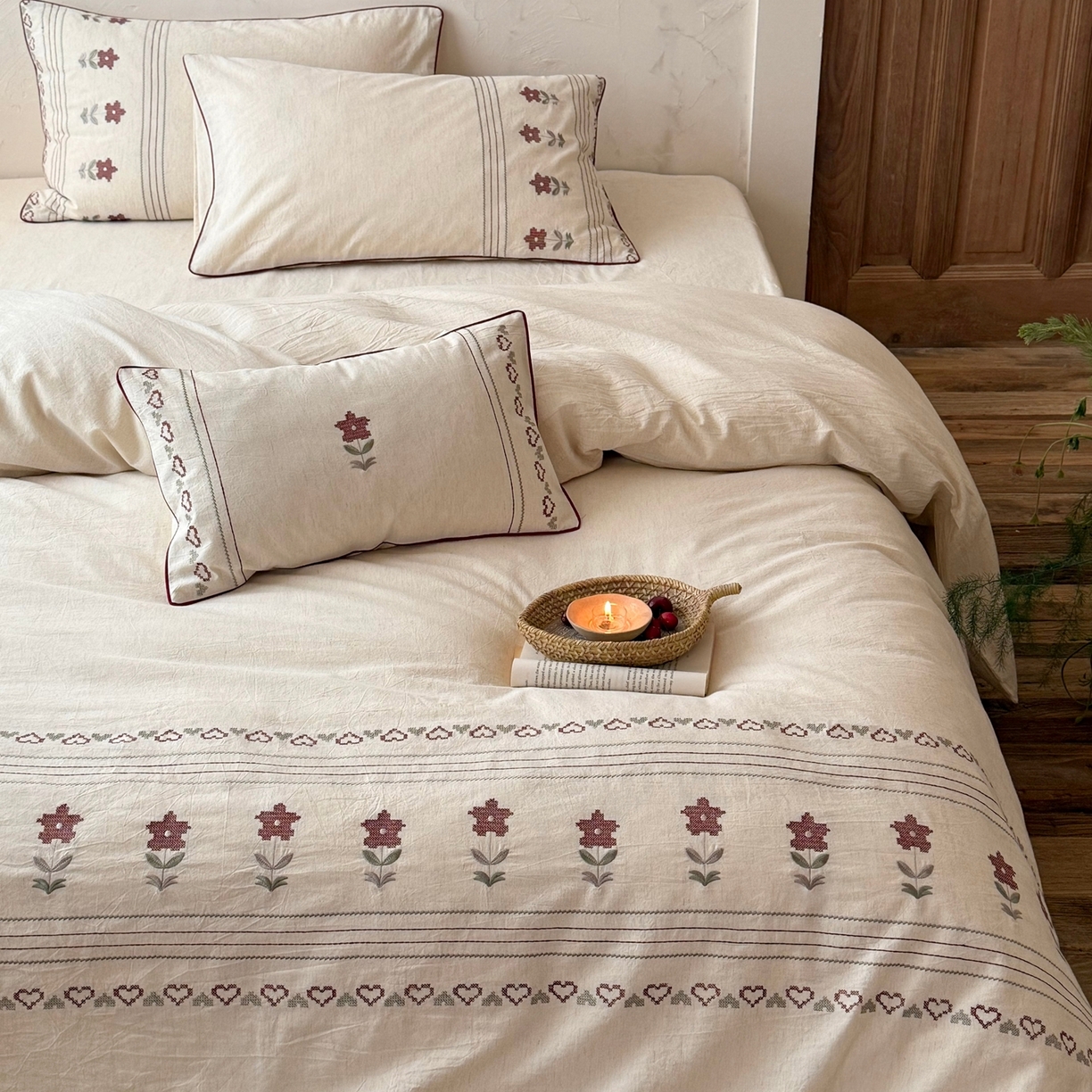 91家纺网 家纺一手货源 找家纺 （总）鹿班家居 2026春季新品色织棉麻精密刺绣四件套-花询见山（标准会员-20元)