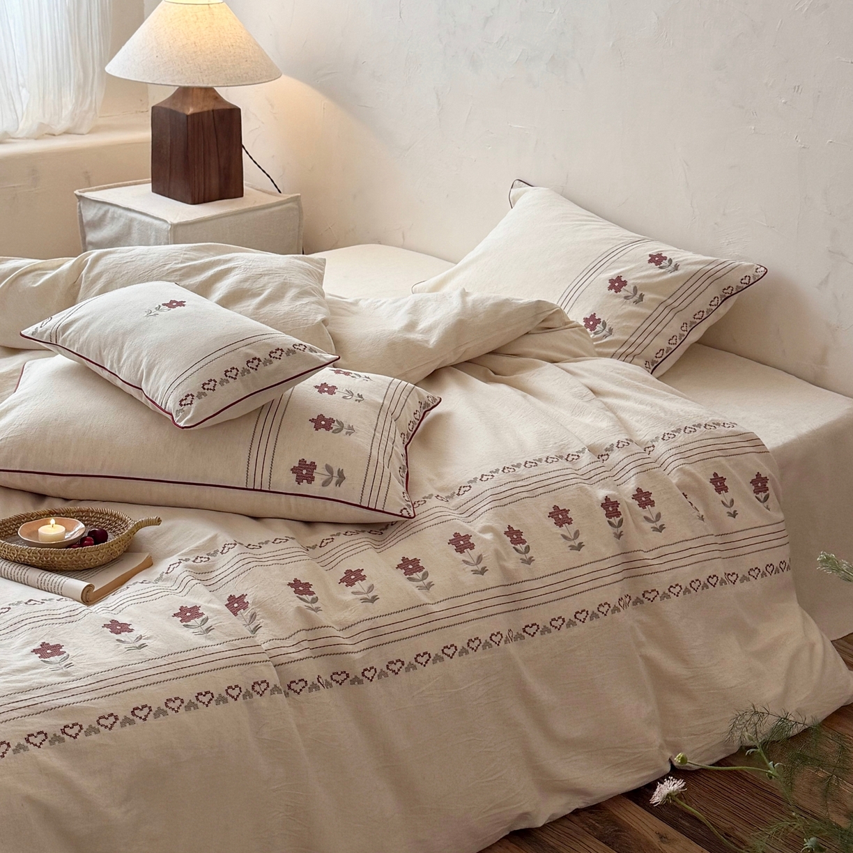 91家纺网 家纺一手货源 找家纺 （总）鹿班家居 2026春季新品色织棉麻精密刺绣四件套-花询见山（标准会员-20元)