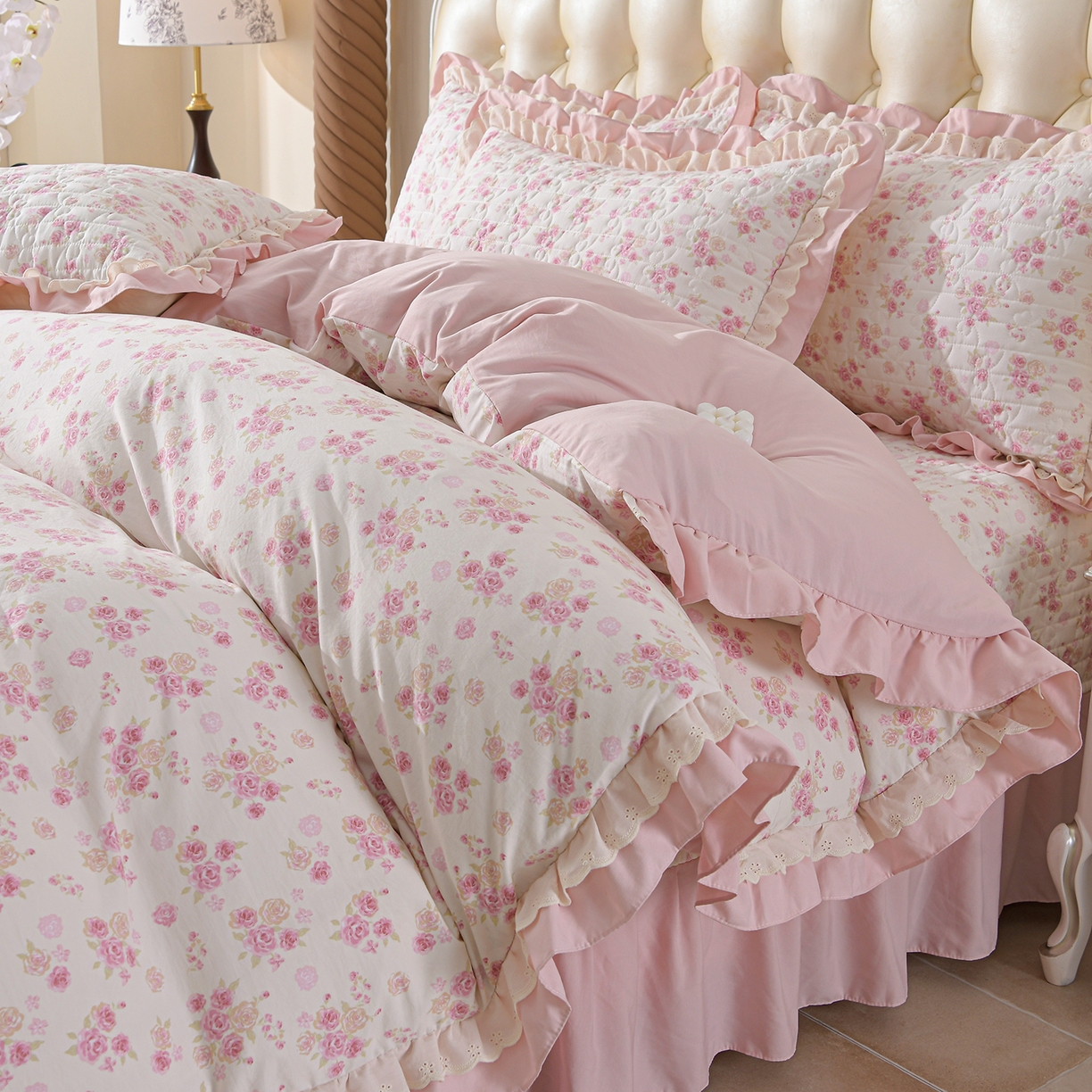 金梦家居 2026新款水洗棉床盖被套四件套 粉黛佳人