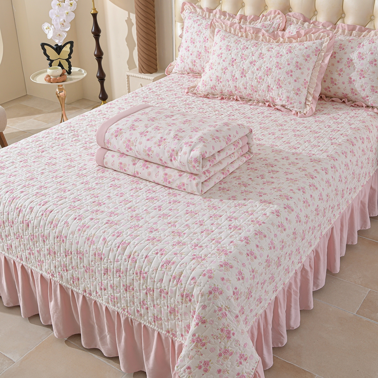 91家纺网 家纺一手货源 找家纺 金梦家居 2026新款水洗棉床盖被套四件套 粉黛佳人