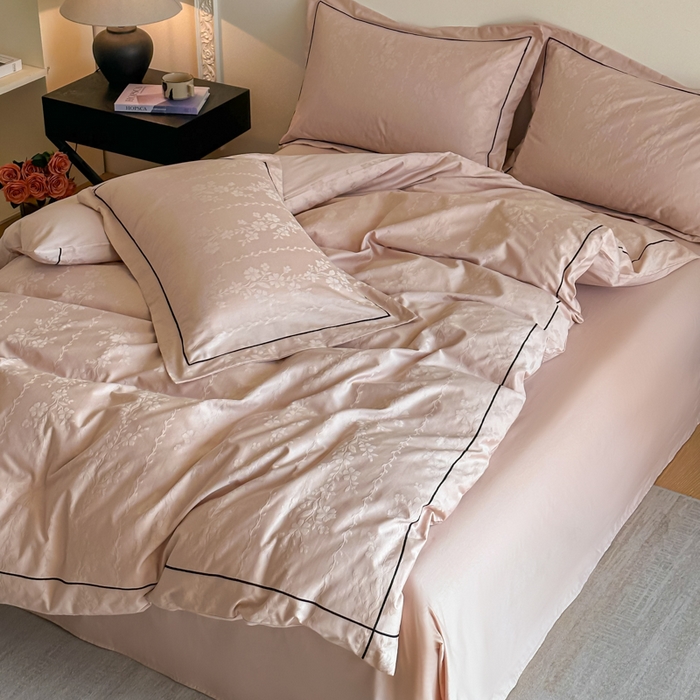 91家纺网 家纺一手货源 找家纺 首尔家纺 2026新款浮雕提花色织全棉四件套 花蔓-粉