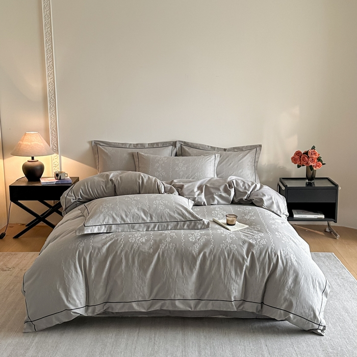 91家纺网 家纺一手货源 找家纺 首尔家纺 2026新款浮雕提花色织全棉四件套 花蔓-高级灰