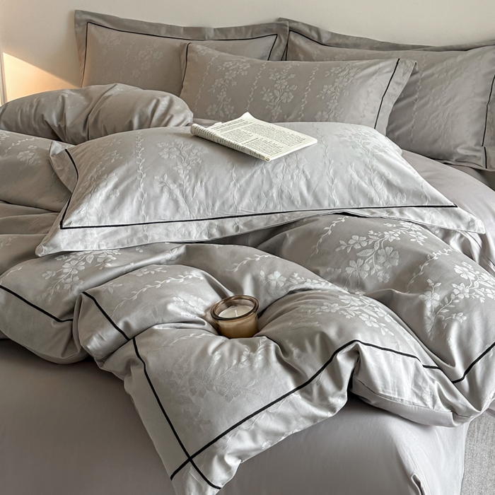 91家纺网 家纺一手货源 找家纺 首尔家纺 2026新款浮雕提花色织全棉四件套 花蔓-高级灰