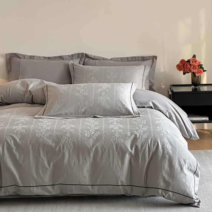 91家纺网 家纺一手货源 找家纺 首尔家纺 2026新款浮雕提花色织全棉四件套 花蔓-高级灰