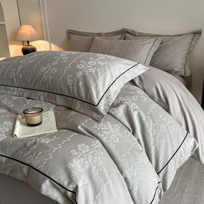 91家纺网 家纺一手货源 找家纺 首尔家纺 2026新款浮雕提花色织全棉四件套 花蔓-高级灰