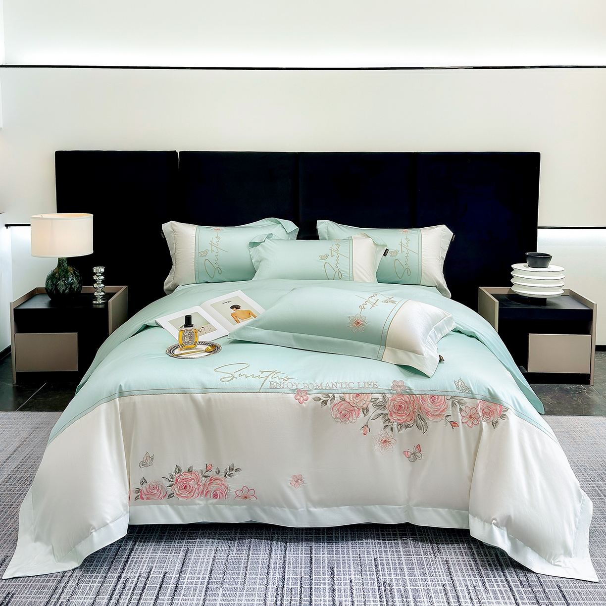 欣宜家纺 2026新款100支全棉纯棉50x50s埃及贡缎长绒棉刺绣绣花四件套-花开半夏系列 花开半夏-绿野仙踪