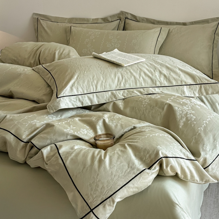 91家纺网 家纺一手货源 找家纺 首尔家纺 2026新款浮雕提花色织全棉四件套 花蔓-绿